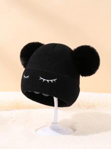 Baby Eyelash Embroidered Pom Pom Decor Beanie - Black - View 2