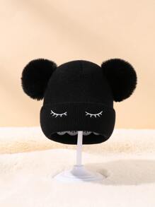 Baby Eyelash Embroidered Pom Pom Decor Beanie - Black - View 1