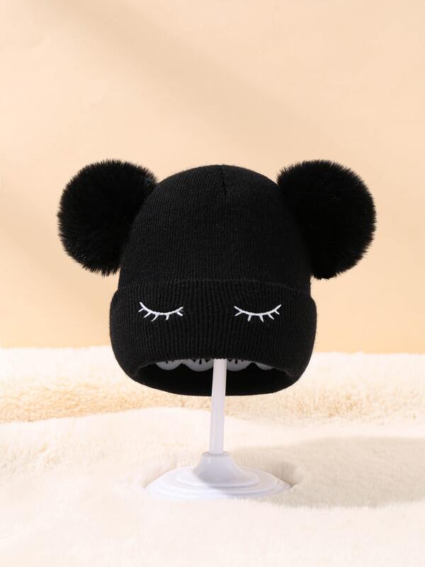 嬰兒睫毛刺繡絨球裝飾豆豆帽