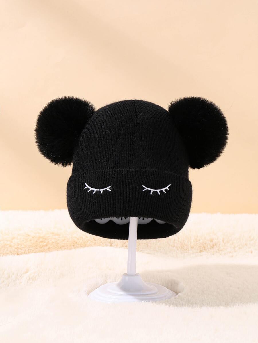 Baby Eyelash Embroidered Pom Pom Decor Beanie - Black - View 1