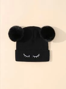 Baby Eyelash Embroidered Pom Pom Decor Beanie - Black - View 3