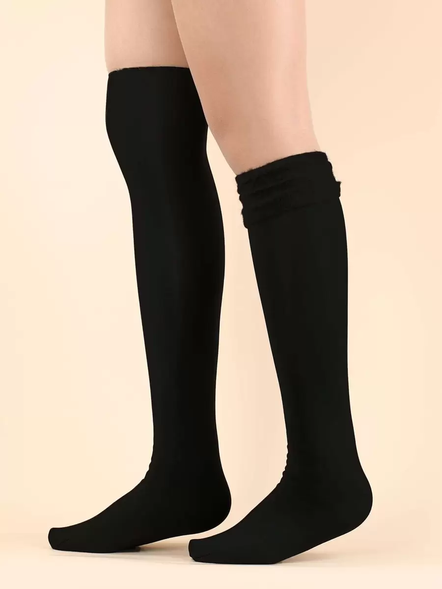 1pair Women's Thickened & Thermal Lined Solid Color Over Knee Socks For Autumn And Winter - Black - View 1