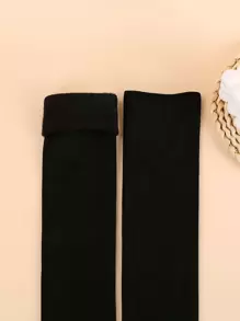 1pair Women's Thickened & Thermal Lined Solid Color Over Knee Socks For Autumn And Winter - Black - View 3