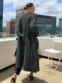 DAZY Raglan Sleeve Epaulettes Design Belted Trench Coat,Fall Clothes Women Jacket - Dusty Blue - View 2