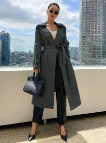 DAZY Raglan Sleeve Epaulettes Design Belted Trench Coat,Fall Clothes Women Jacket - Dusty Blue - View 5