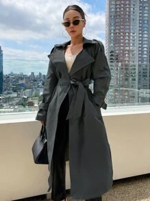 DAZY Raglan Sleeve Epaulettes Design Belted Trench Coat,Fall Clothes Women Jacket - Dusty Blue - View 3