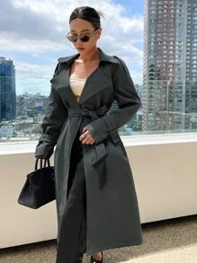 DAZY Raglan Sleeve Epaulettes Design Belted Trench Coat,Fall Clothes Women Jacket - Dusty Blue - View 4