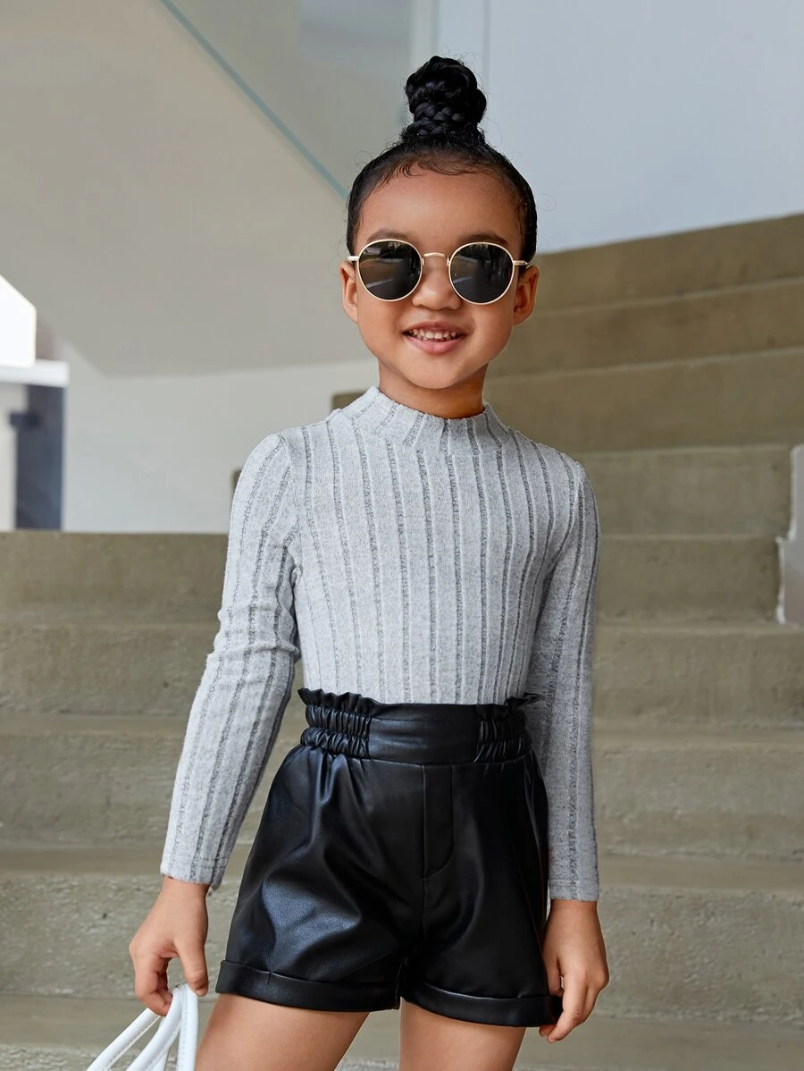 SHEIN Young Girl Knitted Basic Casual Turtleneck T-Shirt For Little Girls - Light Grey - View 1