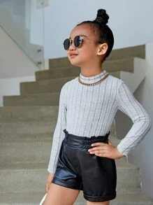 SHEIN Young Girl Knitted Basic Casual Turtleneck T-Shirt For Little Girls - Light Grey - View 3