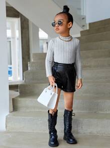 SHEIN Young Girl Knitted Basic Casual Turtleneck T-Shirt For Little Girls - Light Grey - View 4