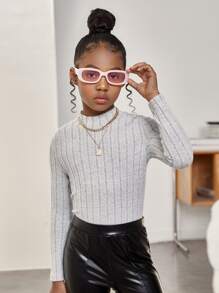 SHEIN 少女針織基本高領肋紋針織休閒T卹 - 淺灰色 - 查看 1