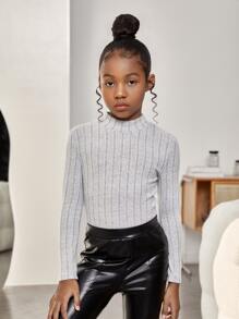 SHEIN 少女針織基本高領肋紋針織休閒T卹 - 淺灰色 - 查看 3