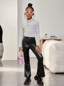 SHEIN 少女針織基本高領肋紋針織休閒T卹 - 淺灰色 - 查看 4