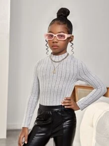 SHEIN 少女針織基本高領肋紋針織休閒T卹 - 淺灰色 - 查看 5