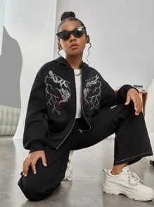 SHEIN Tween Girl Rhinestone Lightning Drop Shoulder Zipper Thermal Sweatshirt - Black - View 2