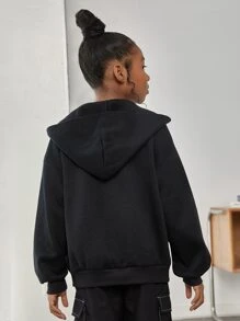 SHEIN Tween Girl Rhinestone Lightning Drop Shoulder Zipper Thermal Sweatshirt - Black - View 3