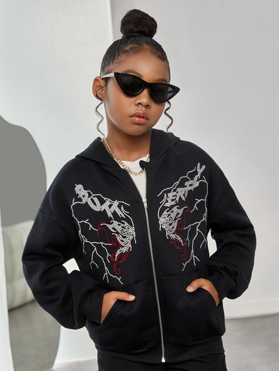 SHEIN Tween Girl Rhinestone Lightning Drop Shoulder Zipper Thermal Sweatshirt - Black - View 1