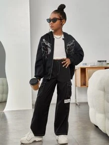 SHEIN Tween Girl Rhinestone Lightning Drop Shoulder Zipper Thermal Sweatshirt - Black - View 4