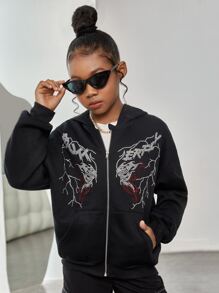 SHEIN Tween Girl Rhinestone Lightning Drop Shoulder Zipper Thermal Sweatshirt - Black - View 5