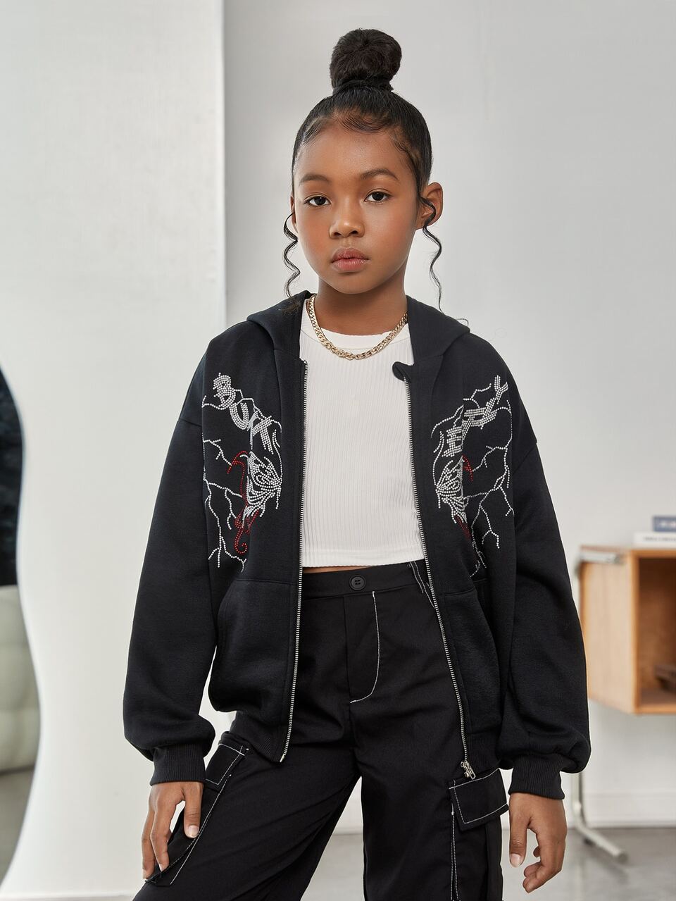 Tween Girl Rhinestone Lightning Drop Shoulder Zipper Thermal Sweatshirt