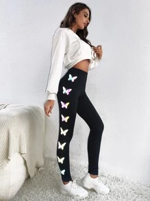 Muchica Butterfly Print Leggings - Black - View 5
