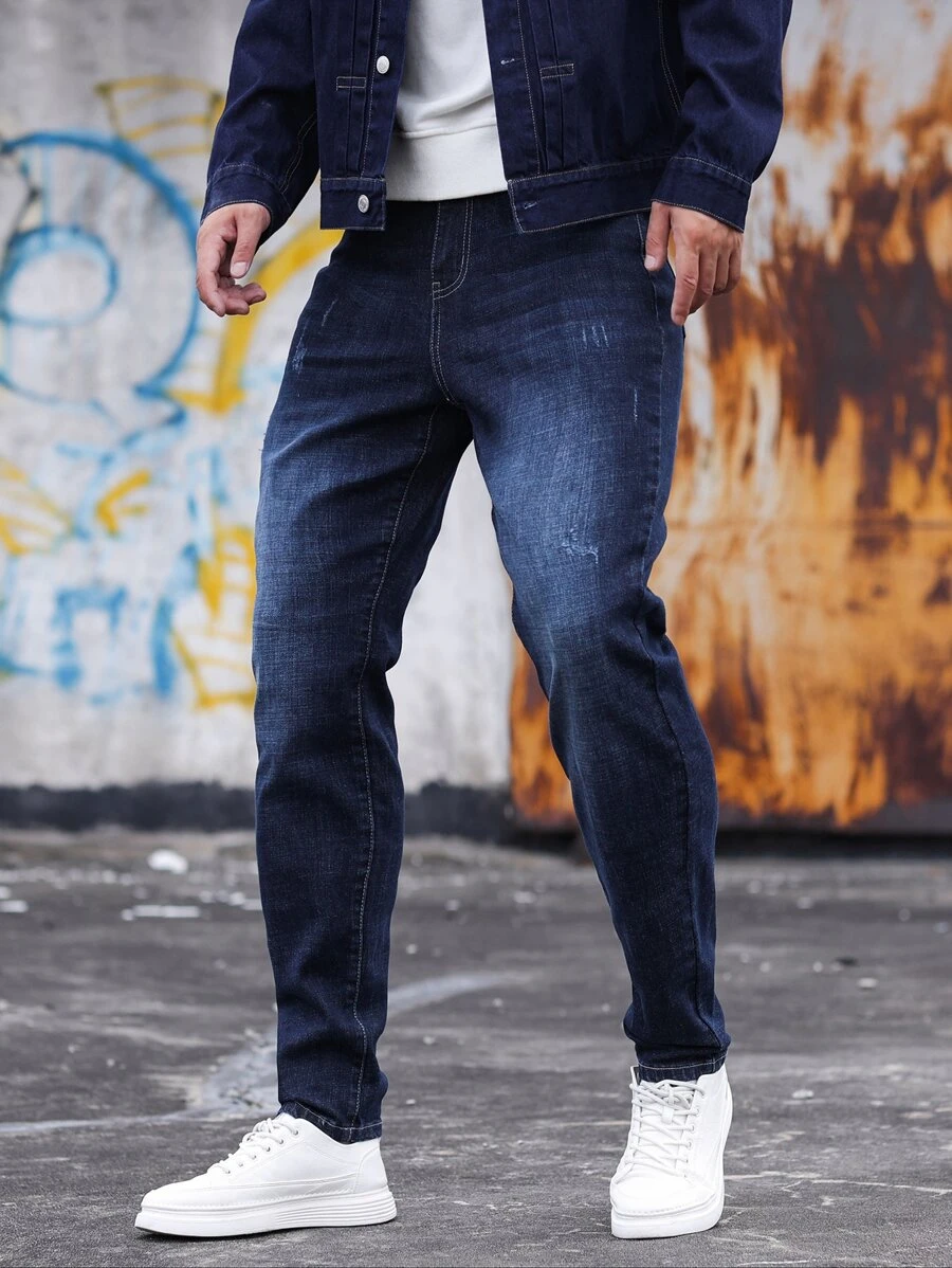 Manfinity Homme Men Cotton Cat Scratch Jeans - Dark Wash - View 1