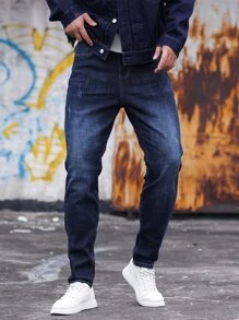 Manfinity Homme Men Cotton Cat Scratch Jeans - Dark Wash - View 3