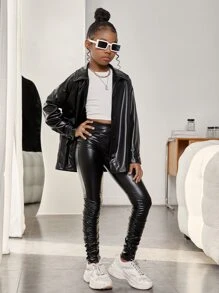 SHEIN Tween Girl Drop Shoulder PU Leather Jacket & Leggings - Black - View 1