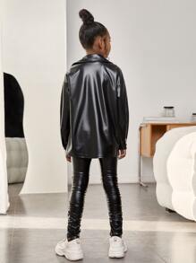 SHEIN Tween Girl Drop Shoulder PU Leather Jacket & Leggings - Black - View 2