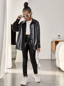 SHEIN Tween Girl Drop Shoulder PU Leather Jacket & Leggings - Black - View 4