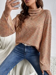 SHEIN Essnce Space Dye Turtleneck Drop Shoulder Tee - Coral Orange - View 1