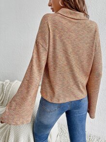 SHEIN Essnce Space Dye Turtleneck Drop Shoulder Tee - Coral Orange - View 2