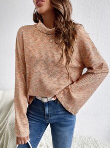 SHEIN Essnce Space Dye Turtleneck Drop Shoulder Tee - Coral Orange - View 3