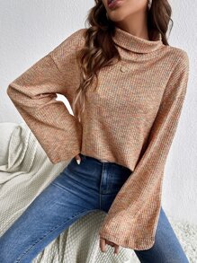 SHEIN Essnce Space Dye Turtleneck Drop Shoulder Tee - Coral Orange - View 4