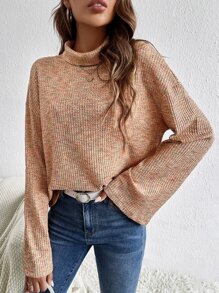 SHEIN Essnce Space Dye Turtleneck Drop Shoulder Tee - Coral Orange - View 5