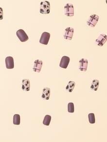 24pcs Short Square Plaid Print Fake Nail & 1sheet Tape & 1pc Nail File - Multicolor - View 5