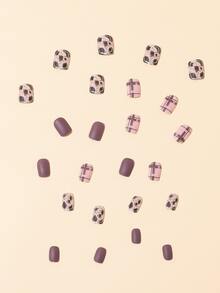 24pcs Short Square Plaid Print Fake Nail & 1sheet Tape & 1pc Nail File - Multicolor - View 6