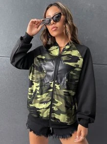 SHEIN Coolane Camo Print Star Pattern Raglan Sleeve Bomber Jacket - Multicolor - View 3