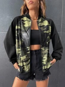 SHEIN Coolane Camo Print Star Pattern Raglan Sleeve Bomber Jacket - Multicolor - View 1