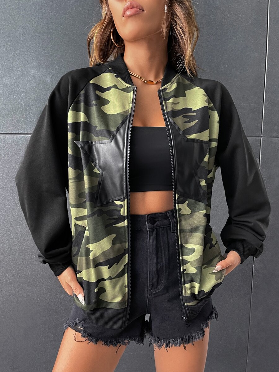 SHEIN Coolane Camo Print Star Pattern Raglan Sleeve Bomber Jacket - Multicolor - View 1