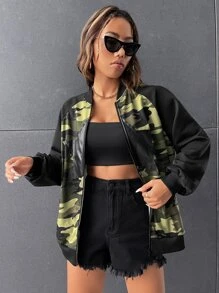 SHEIN Coolane Camo Print Star Pattern Raglan Sleeve Bomber Jacket - Multicolor - View 5