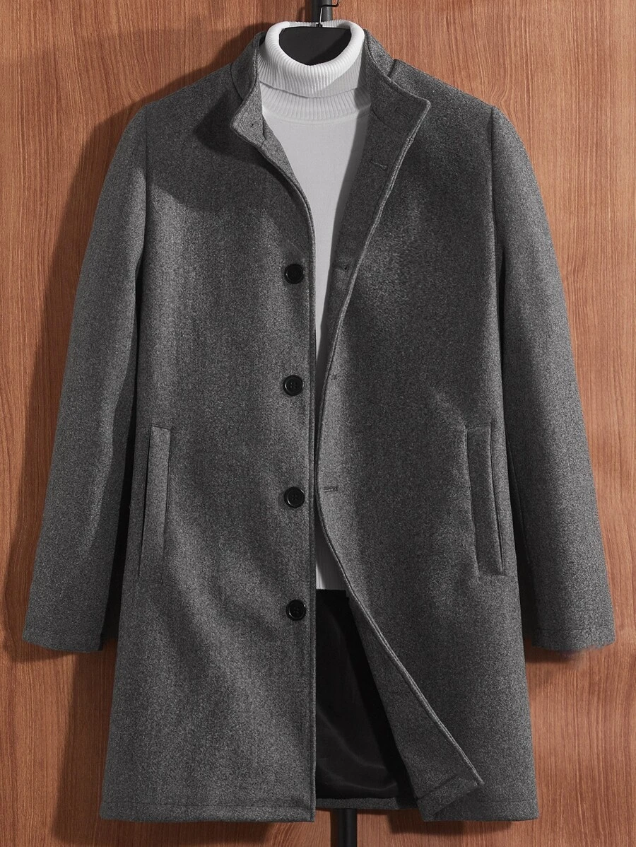 Manfinity Hombres 1 pieza Abrigo con bolsillos oblicuos con botón - Gris Oscuro - Ver 1