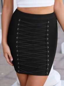 Grommet Lace Up Front Bodycon Skirt - Black - View 1