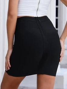 Grommet Lace Up Front Bodycon Skirt - Black - View 2