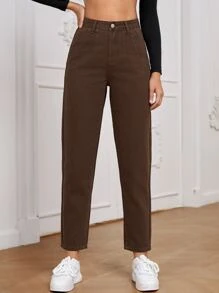 SHEIN Essnce Quần jean nữ Nút Túi Dây kéo màu trơn - Cà phê nâu - Xem 1