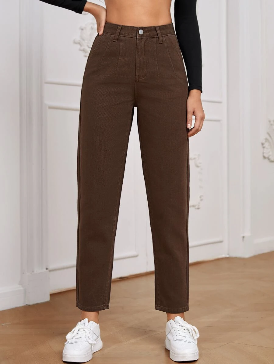 SHEIN Essnce Quần jean nữ Nút Túi Dây kéo màu trơn - Cà phê nâu - Xem 1