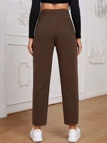 SHEIN Essnce Quần jean nữ Nút Túi Dây kéo màu trơn - Cà phê nâu - Xem 2