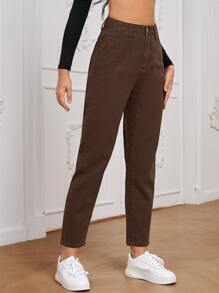 SHEIN Essnce Quần jean nữ Nút Túi Dây kéo màu trơn - Cà phê nâu - Xem 5