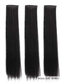 3pcs Long Straight Synthetic Hairpiece - Black - View 2