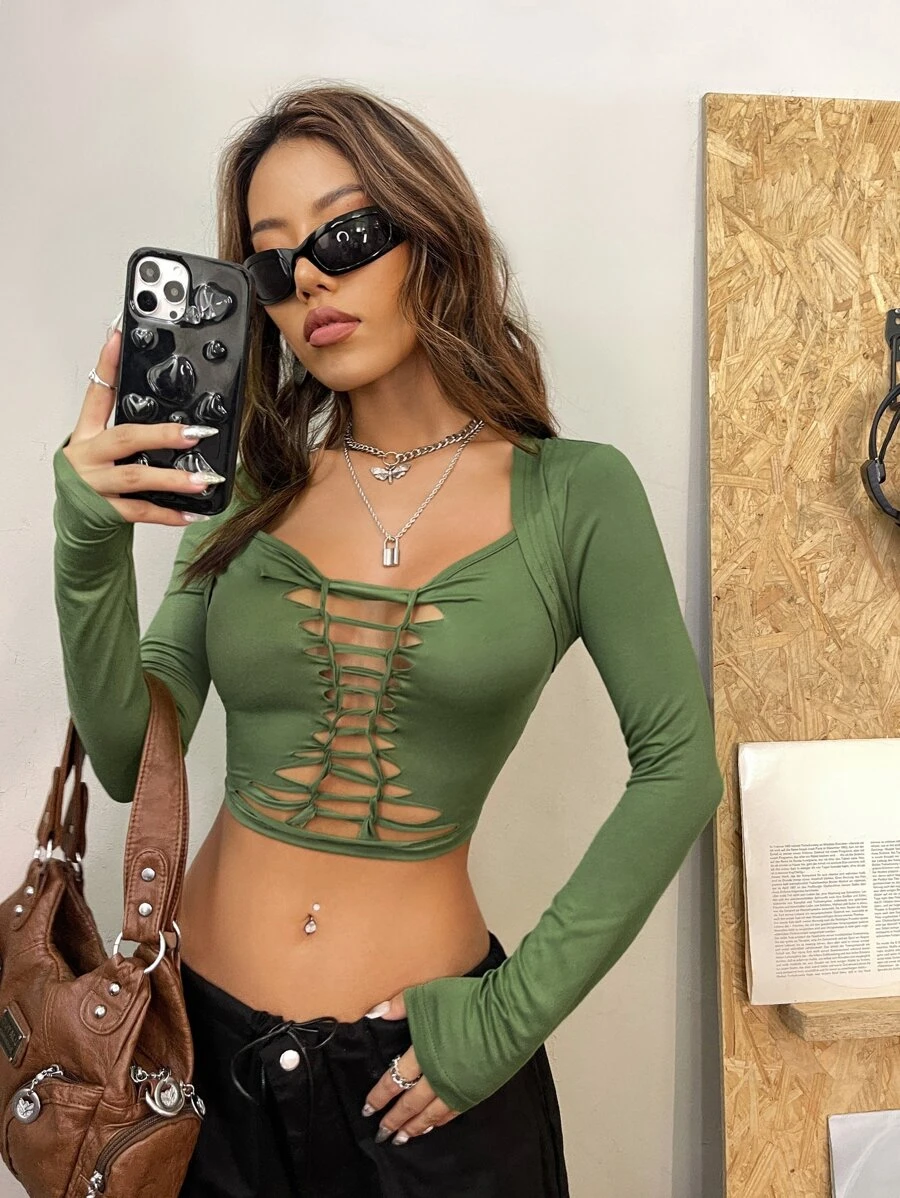 SHEIN ICON 前鏤空短款T恤 - 綠色 - 查看 1